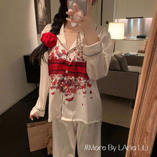 LAria*好运佳人 红色开运蝴蝶元素缎面冰丝睡衣女春天家居服高级