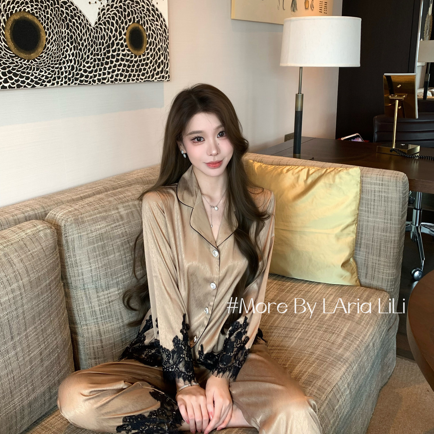 LAria黑金名怜 冰丝长袖睡衣女2026新款秋季高级蕾丝秋款家居服