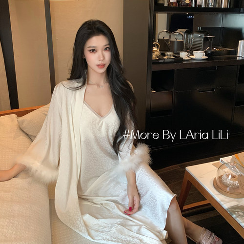 LAria羽毛恋人 睡衣女豹纹冰丝2026新款性感纯欲风吊带睡裙家居服