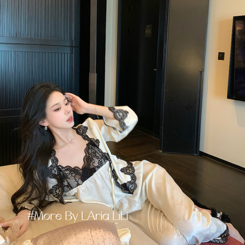 LAria初遇 性感新中式冰丝睡衣女春秋款2026新款秋季家居服四件套