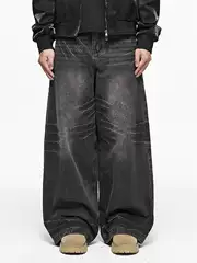 CWHAT Men's Vintage Parisian Acid Wash Fade Whisker Honeycomb Texture Loose Hip Hop Wide-Leg Jeans