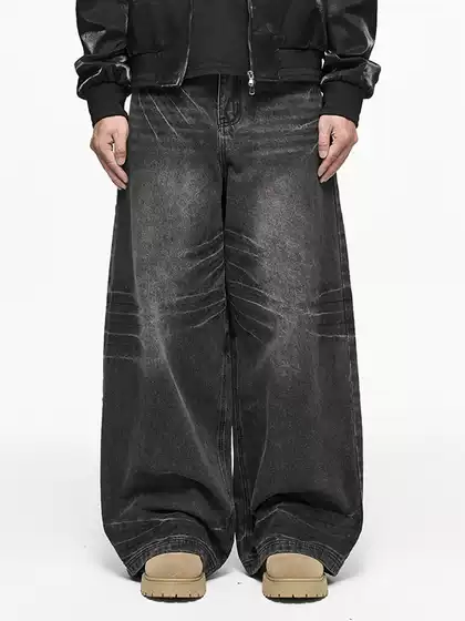 CWHAT Men's Vintage Parisian Acid Wash Fade Whisker Honeycomb Texture Loose Hip Hop Wide-Leg Jeans