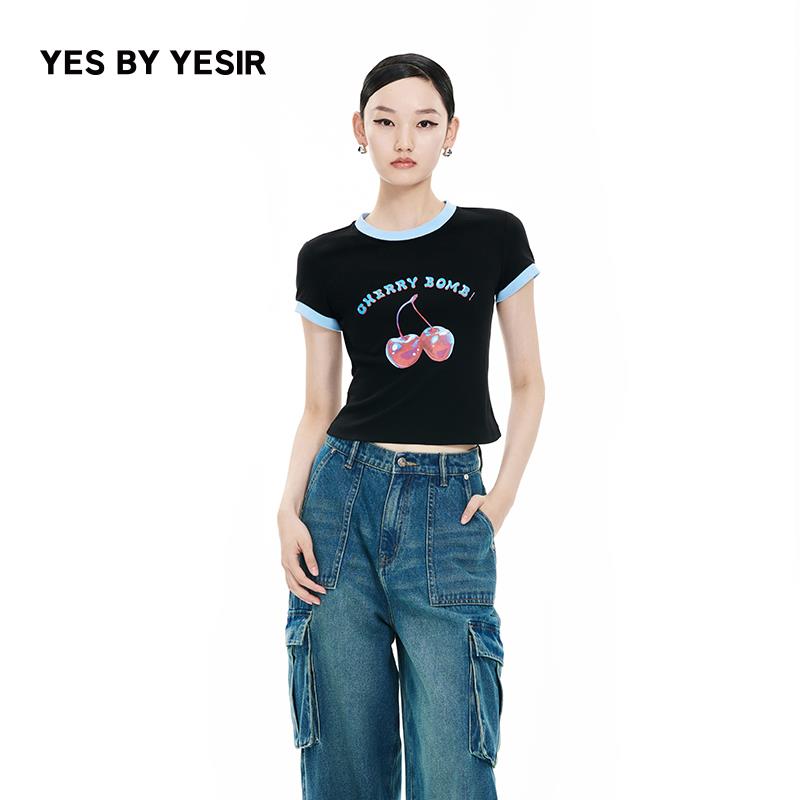 YES BY YESIR叶谦原创设计师2024春夏新款女短袖修身黑化樱桃T恤-封面