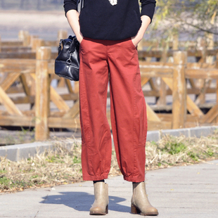 9分裤女裤纯棉中腰文艺休闲个性有大码（黑/暗红/卡其）Y758包邮