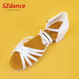 SZDANCE少儿基础款 拉丁舞拉丁鞋 专业舞鞋 SC01D1 缎面小白鞋