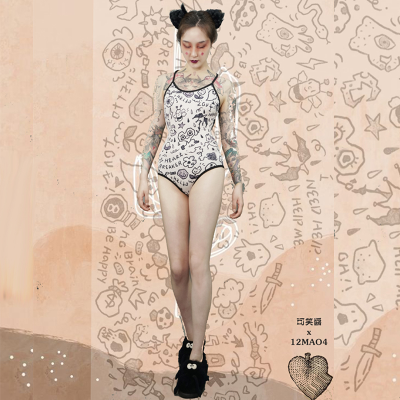 原创设计黑白涂鸦连体泳衣