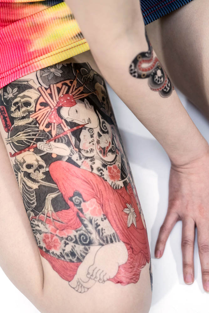 原创设计小众个性防水持久半永久日式传统艺伎大腿纹身贴纸