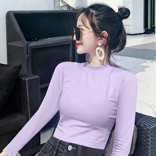 紫色短款瑜伽舞蹈服女外穿半高领螺纹内搭打底衫长袖t恤心机上衣