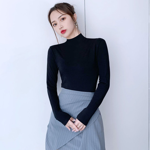 黑色中领长袖t恤纯棉打底衫瑜伽舞蹈服修身显瘦半高领上衣女高腰