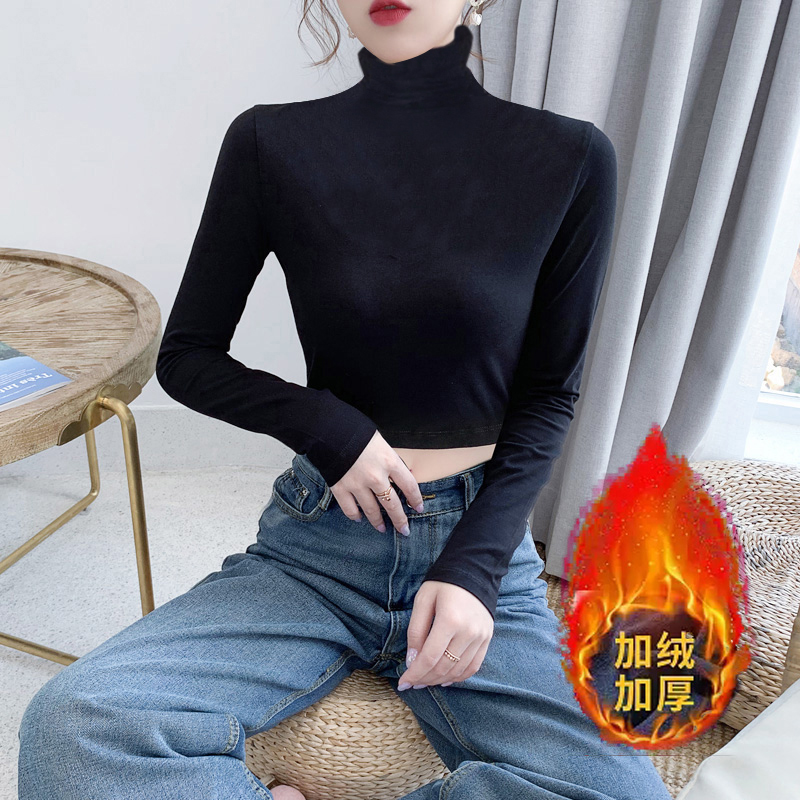 加绒加厚短款露脐长袖女翻领高领