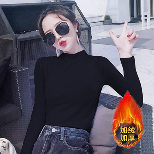 加绒加厚短款长袖女外穿半高领棉内搭打底衫中领t恤心机上衣高腰