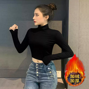 加绒加厚短款露脐长袖女外穿堆堆领黑色内搭打底衫高领t恤上衣冬