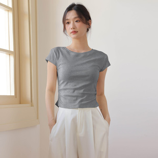 灰色短袖 露脐设计感褶皱上衣女高腰 t恤纯棉打底衫 瑜伽舞蹈服短款