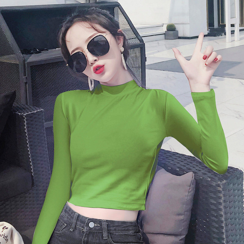 牛油果绿长袖t恤纯棉打底衫瑜伽舞蹈服短款露脐半高领上衣女高腰,女装/女士精品,T恤,淘宝优惠券,粉丝福利购,淘宝优惠卷
