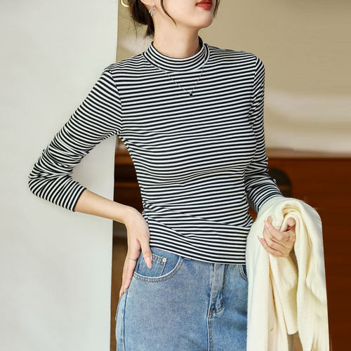 黑白条纹长袖t恤女短款小半高领