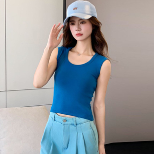 克莱因蓝无袖背心女外穿砍袖U领打底衫设计内搭紧身短款露脐上衣