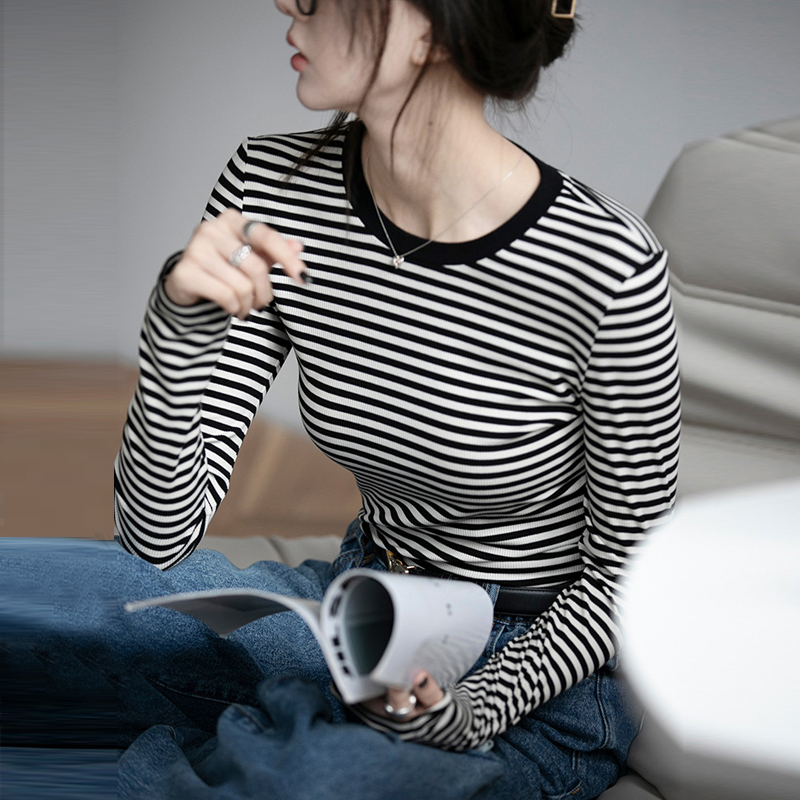 纯棉t恤斑马黑白横条纹长袖圆领