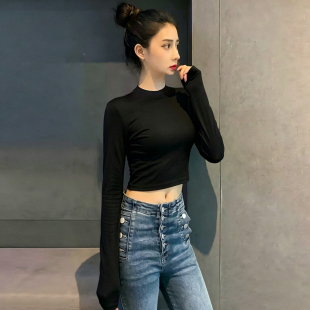 黑色白色长袖t恤纯棉打底衫瑜伽舞蹈服短款露脐半高领上衣女高腰