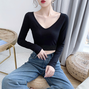 纯棉舞蹈练功服大v领低胸修身长袖t恤女内搭紧身短款露脐上衣高腰