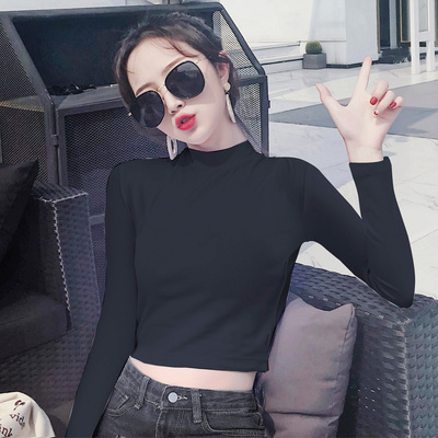 黑色短款露脐长袖女外穿半高领棉