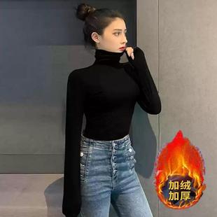 加绒加厚短款保暖长袖女外穿堆堆领纯棉内搭打底衫高领t恤上衣冬