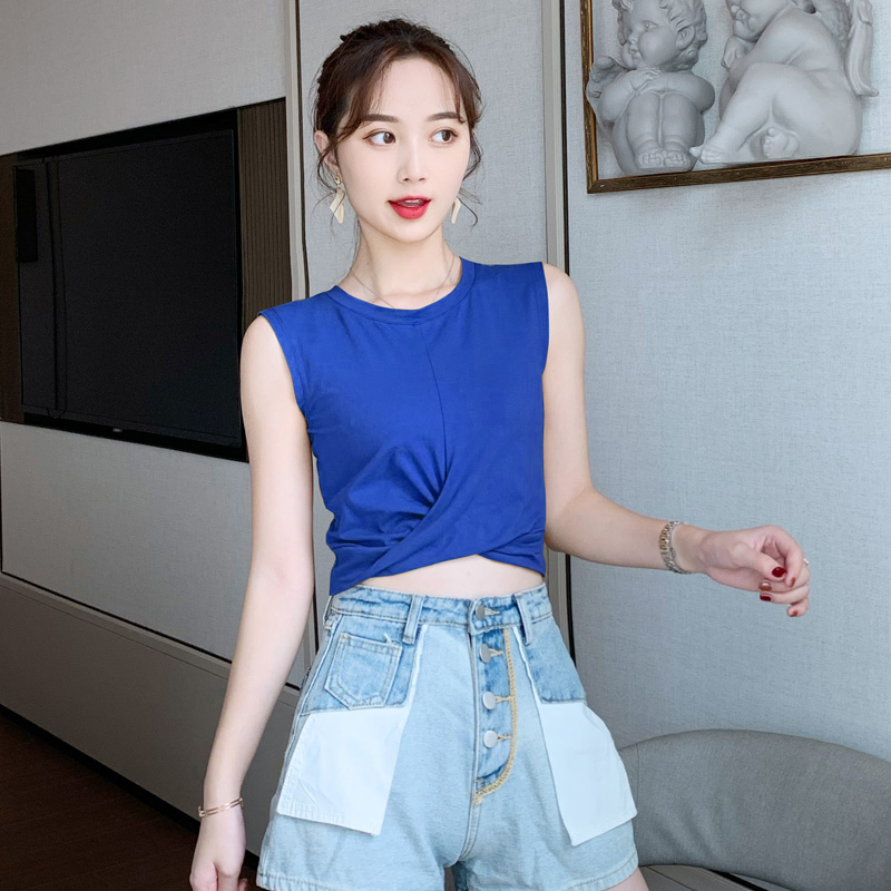 宝蓝色无袖背心女外穿砍袖纯棉打底衫设计感内搭紧身短款露脐上衣