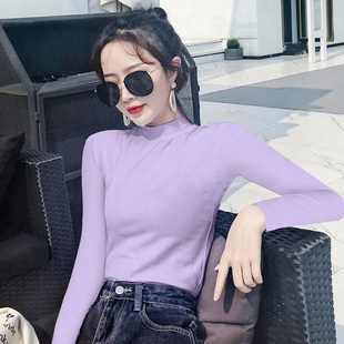 紫色短款莫代尔长袖女外穿半高领内搭打底衫中领t恤心机上衣高腰