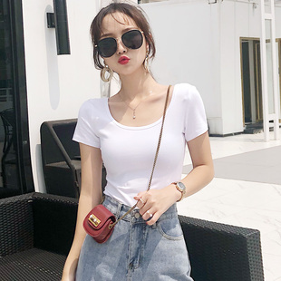 前后U领纯棉瑜伽舞蹈练功服白色t恤女打底衫大圆领低领口短袖露背