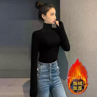 加绒加厚短款半高领长袖女外穿中领纯棉内搭打底衫高领t恤上衣冬