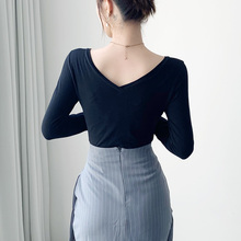 露背长袖t恤纯棉打底衫2025新款冬舞蹈服短款前后双V领上衣女高腰