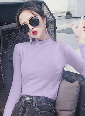 紫色短款长袖女外穿半高领德绒冬内搭打底衫中领t恤心机上衣高腰