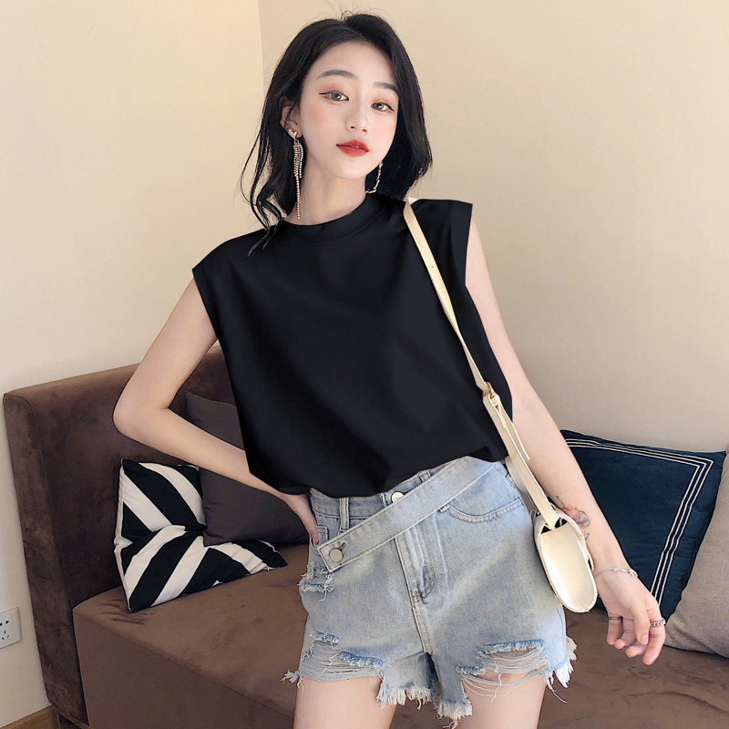 小半高领无袖背心女外穿砍袖纯棉中领大码宽松黑白色T恤内搭上衣