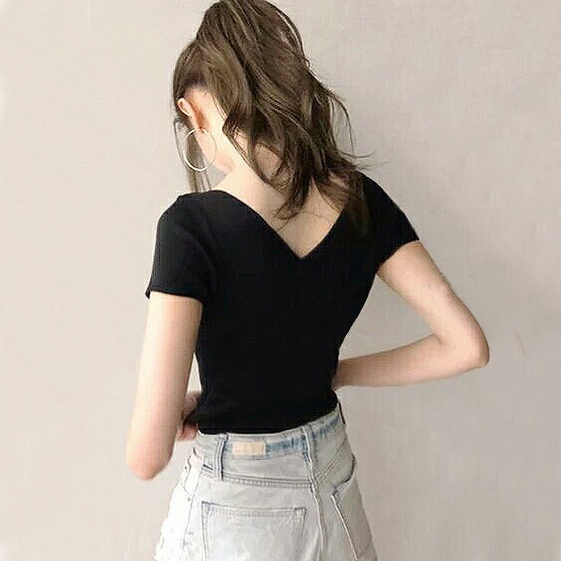 露背短袖t恤女棉露锁骨前后双V领