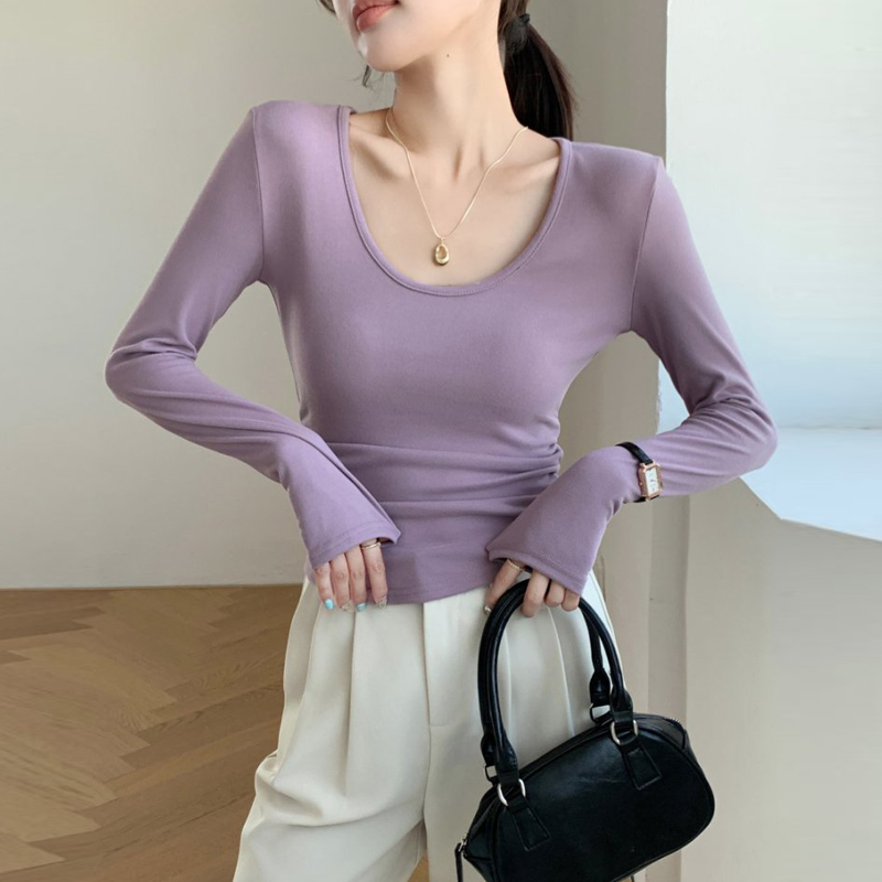 紫色短款褶皱收腰圆u领修身长袖