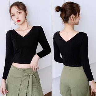 露背长袖t恤低领口纯棉打底衫瑜伽舞蹈服短款露脐双V领上衣女高腰