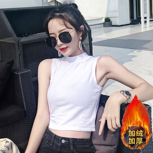 小半高领短款露肚脐背心女加绒加厚内搭打底无袖t恤瑜伽舞蹈上衣