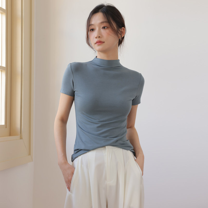 深灰色短袖t恤新款打底衫瑜伽舞蹈服短款中领小半高领上衣女高腰