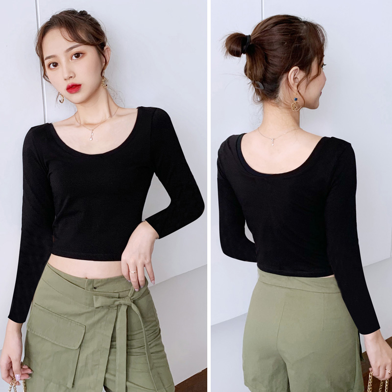 长袖短款露脐大圆领双U领纯棉女