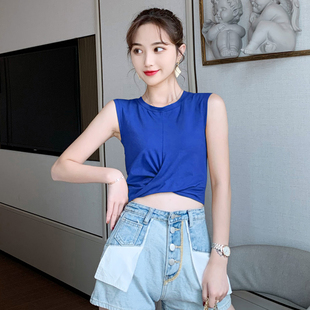 中领内搭紧身短款 纯棉打底衫 露脐上衣 背心女外穿砍袖 打结扭结无袖