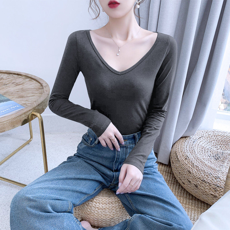 纯棉瑜伽舞蹈练功服高级感大v领口低胸修身长袖t恤女内搭打底衫冬