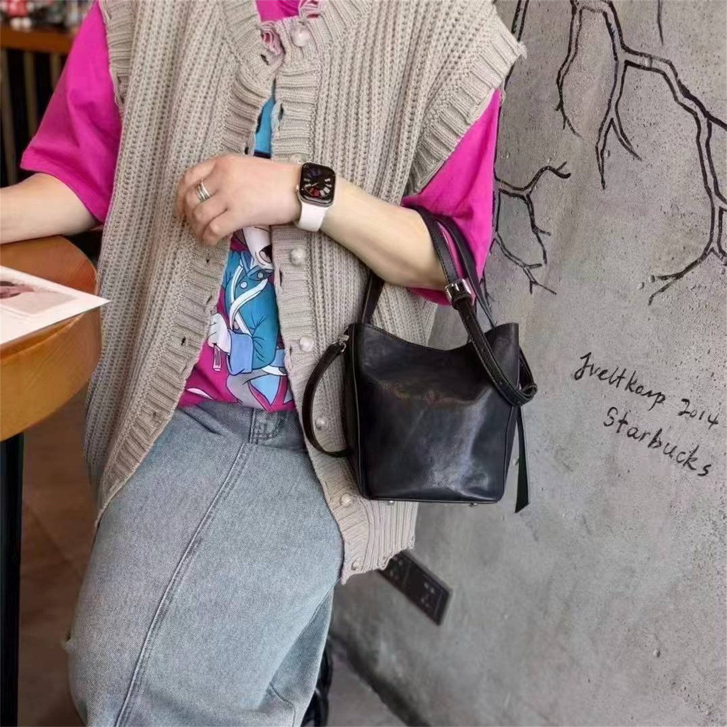 欧洲站真皮手提单肩斜挎水桶包女