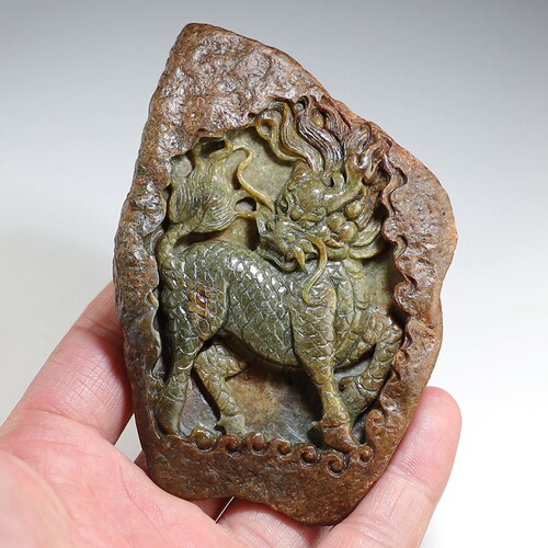 【麒麟】河磨玉原石纯手工雕刻把玩件 楼叔孤品