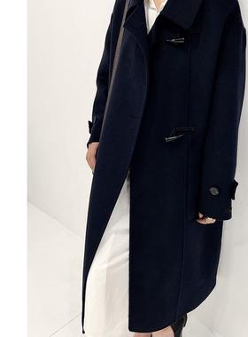 DRAN-800722韩版宽松牛角扣娃娃领手缝双面羊毛大衣中长款外套