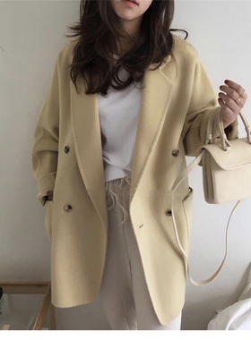 DRAN-701922秋冬新款小个子连身袖鹅黄色中长款手缝双面羊毛大衣