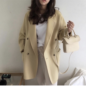 DRAN-701922秋冬新款小个子连身袖鹅黄色中长款手缝双面羊毛大衣