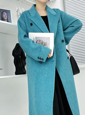 秋冬高端蓝色斜纹显瘦双面羊毛大衣长款双排扣黑灰色百搭毛呢外套