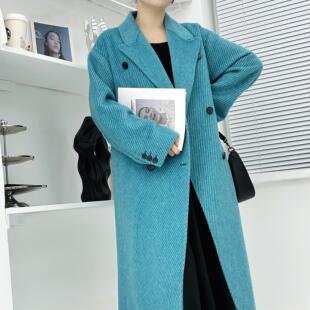 秋冬高端蓝色斜纹显瘦双面羊毛大衣长款双排扣黑灰色百搭毛呢外套