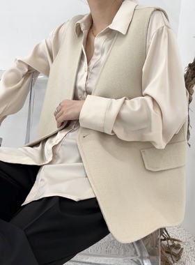 DRAN-602322设计师手缝双面羊毛马夹高级v领秋季时尚百搭气质马甲