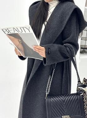 高个子2024秋冬新款慵懒风连帽双面羊毛大衣韩系手缝长款羊绒大衣