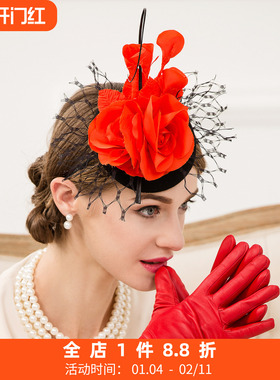 EE 秋冬新款撞色羊毛小礼帽 时尚网纱红色花朵帽子 3090